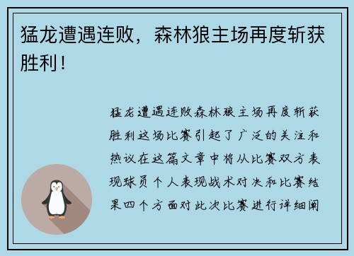 猛龙遭遇连败，森林狼主场再度斩获胜利！